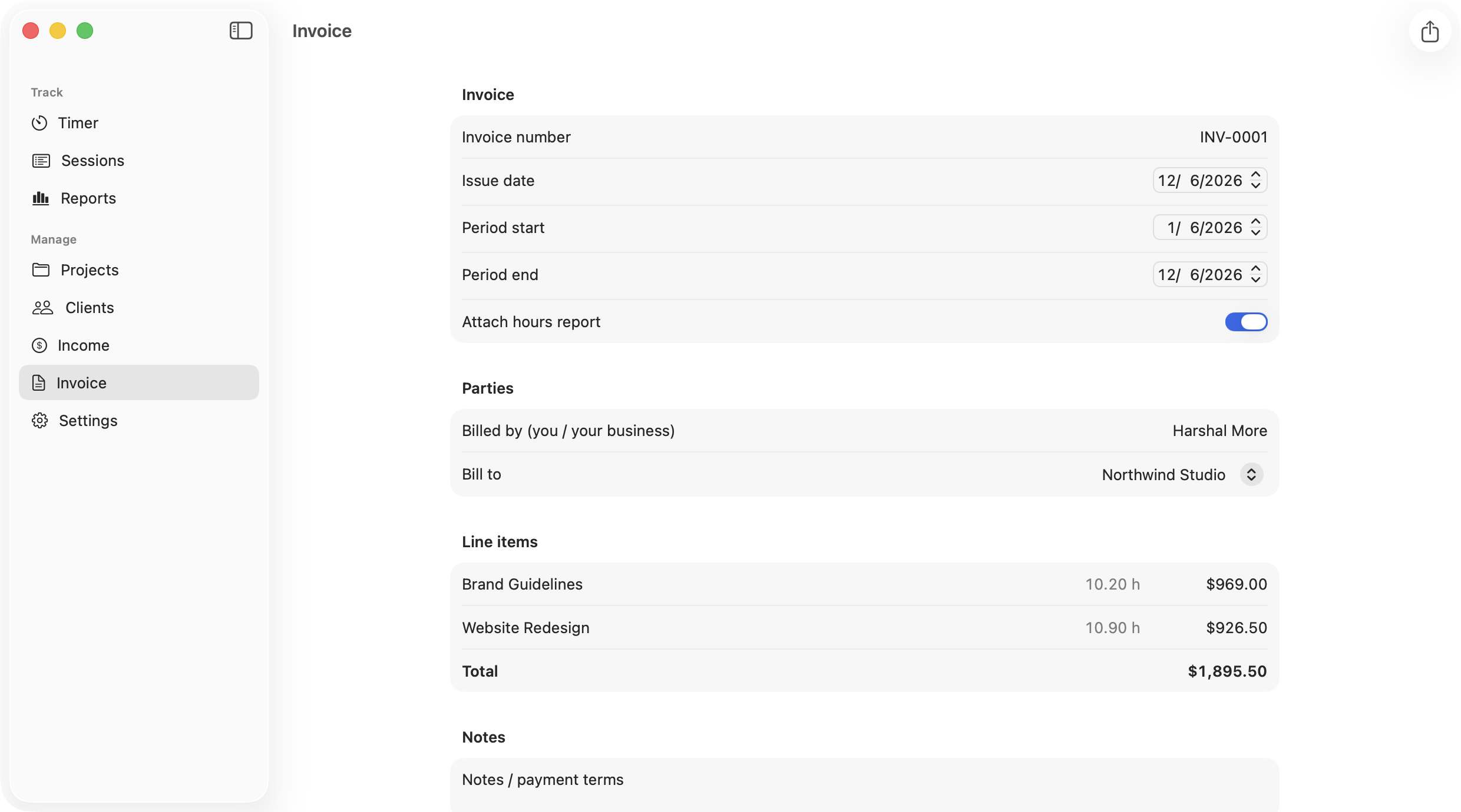 KairoTime Invoice: line items per project with hours, rates, and total