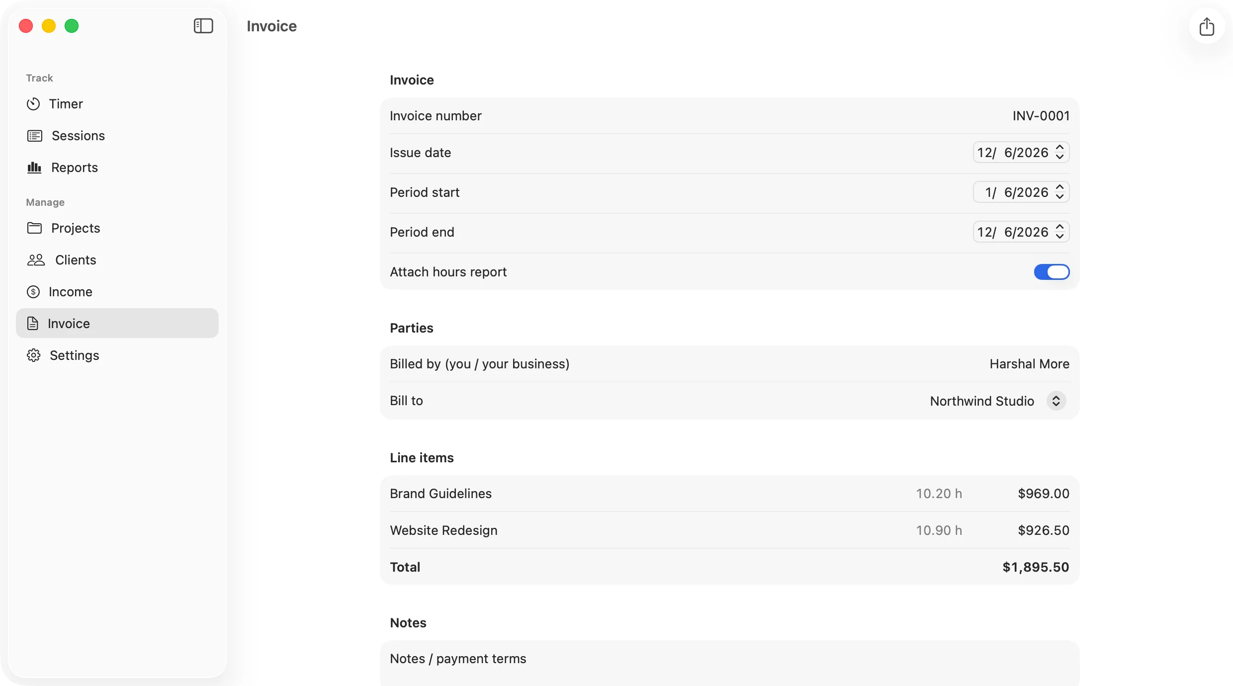 KairoTime Invoice: line items per project with hours, rates, and total